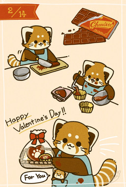 apron biped black_eyes black_nose brown_body candy chibi chocolate clothing dessert dot_eyes feral food holidays kemono plushie simple_eyes text shi_nominmin valentine's_day ailurid mammal red_panda 2024 english_text hi_res