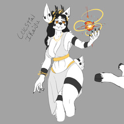 abs anthro antler_jewelry antlers big_ears black_body black_fur black_hair black_markings breasts celestial_ikaiyu_(sir_snipi) cheek_markings clothing elemental_manipulation facial_markings fangs female fire fire_manipulation fur gold_(metal) gold_jewelry hair head_markings hooves horn jewelry laurel_wreath markings multicolored_body multicolored_fur necklace orange_eyes simple_background smile solo tail teeth text two_tone_body two_tone_fur white_body white_fur sir_snipi deer mammal 1:1 digital_media_(artwork) hi_res