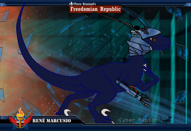 abstract_background ambiguous_gender armor blue_body blue_scales brown_eyes brown_sclera claws cybernetics feral future headgear helmet looking_at_viewer machine map scales solo space tail text toe_claws rene_marcusio cyborg dinosaur dromaeosaurid prehistoric_species reptile scalie theropod velociraptor english_text