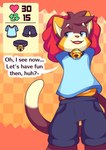 ambiguous_gender anthro bell bell_collar blue_eyes bottomwear brown_body brown_fur brown_hair clothed clothing clothing_lift collar dialogue domestic_cat doodler_(nyabellart) felid feline felis fur hair hi_res hoodie hoodie_lift mammal multicolored_body nyabellart open_mouth shirt shorts simple_background solo strip_meme text tongue topwear white_body yellow_body