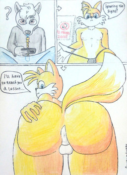 angry anthro anus balls big_butt blue_eyes bottomwear bulge butt cellphone clothed clothing denim denim_bottomwear denim_clothing dominant duo electronics femboy front_view fully_clothed genitals jeans looking_at_viewer male male/male nipples nude pants phone rear_view sign sitting smartphone speech_bubble standing text thick_thighs toony yellow_body ferrumbunny sega sonic_the_hedgehog_(series) miles_prower canid canine mammal 2025 comic detailed english_text graphite_(artwork) hi_res traditional_media_(artwork)