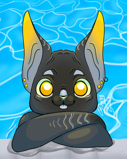 ambiguous_gender anthro black_body hairless looking_at_viewer orange_eyes poolside solo stripes water unknown_artist domestic_cat felid feline felis hairless_cat mammal sphynx_(cat) 4:5