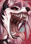 anthro black_body black_collar black_fur bodily_fluids collar drooling ear_piercing eyelashes fangs female fur gauged_ear glistening glistening_eyes hair inner_ear_fluff looking_at_viewer mouth_shot notched_ear open_mouth piercing red_sclera red_tongue saliva saliva_on_tongue saliva_string sharp_teeth solo spiked_collar spikes teeth tongue tongue_out tuft uvula white_body white_eyes white_fur white_hair white_inner_ear_fluff santanahoffman helluva_boss loona_(helluva_boss) canid mammal 2023 absurd_res artist_name dated hi_res