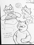 anthro belly big_breasts breasts clothed clothed_anthro clothed_female clothing clothing_lift female female_anthro flashing flashing_breasts fur group multiple_poses navel paper_drawing pose profanity sharp_teeth shirt shirt_lift slightly_chubby slightly_chubby_anthro slightly_chubby_female solo speech_bubble teeth text thick_thighs topwear labirhin kontol canid canine fox mammal 3:4 english_text hi_res monochrome