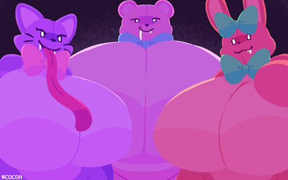anthro big_breasts big_butt bodily_fluids bow_tie breasts butt doll dripping eyelashes female group huge_breasts huge_butt long_tongue menancing pink_body plushie purple_body red_body saliva saliva_drip thick_thighs tongue tongue_out trio cocoaberry lovedoll_toy_factory catti_(gremlingrounded) hoppi_(gremlingrounded) teddi_(gremlingrounded) animate_inanimate bear domestic_cat felid feline felis lagomorph leporid living_doll living_plushie mammal rabbit