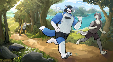 3_toes 4_toes 5_fingers anthro beard biceps biped black_beard black_bottomwear black_claws black_clothing black_eyebrows black_facial_hair black_hair black_nose black_pawpads black_shorts blue_body blue_ears blue_fur blue_sky blue_tail bodily_fluids body_hair bottle bottomwear breath bridge brown_body brown_ears brown_fur brown_markings brown_stripes brown_tail bulge calf_muscles chest_hair chest_tuft city claws clothed clothed_anthro clothed_male clothing cloud container countershade_face countershade_fur countershade_hands countershade_legs countershade_tail countershade_torso countershading day detailed_background dipstick_tail emanata exhausted eyebrows eyes_closed facial_hair facial_markings facial_scar fangs feet fingers flower flying_sweatdrops forest fully_clothed fully_clothed_anthro fully_clothed_male fur gloves_(marking) grass grey_body grey_clothing grey_ears grey_fur grey_hair grey_shirt grey_tail grey_tank_top grey_topwear group hair head_markings holding_bottle holding_container holding_object holding_water_bottle humanoid_feet jogging leaning_on_object leaning_on_tree leg_markings light light_beam looking_at_another male markings mountain multicolored_body multicolored_fur muscular muscular_anthro muscular_arms muscular_male mustache open_mouth open_smile orange_body orange_fur orange_tail outside panting path pawpads pecs pink_nose plant plantigrade rock scar sea sharp_teeth shirt shorts shrub sky smile socks_(marking) striped_body striped_fur striped_markings striped_tail stripes sunbeam sunlight sweat sweatdrop tail tail_markings tank_top teeth toe_claws toes tongue_showing topwear tree triceps trio tuft two_tone_body two_tone_fur water water_bottle white_body white_clothing white_facial_hair white_fur white_hair white_inner_ear white_mustache white_shirt white_tail_tip white_tank_top white_topwear chamaquense socially_awkward garth_warrick mortimor_warrick rask_(socially_awkward) canid canine canis felid mammal pantherine tiger wolf 2023 absurd_res digital_media_(artwork) hi_res photo_manipulation photomorph signature