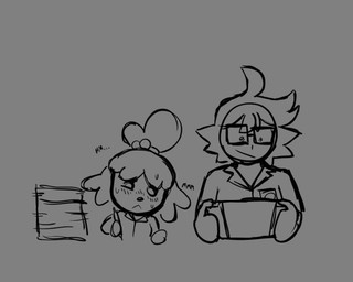 anthro blush bodily_fluids clothing collared_shirt duo eyewear female glasses holding_nintendo_switch male nintendo_console rectangular_glasses shirt sweat topwear wearing_glasses raunchyriot animal_crossing nintendo nintendo_switch isabelle_(animal_crossing) canid canine canis domestic_dog human mammal shih_tzu toy_dog 5:4 monochrome