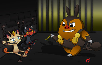 ambiguous_gender anthro bars blue_eyes bound brick_wall brown_eyes chain chained cuff_(restraint) feral group key multicolored_body paws prison prison_bars prison_cell prisoner red_eyes red_nose restraints scared shackles two_tone_body wall_(structure) yellow_sclera nintendo pokemon felid feline generation_1_pokemon generation_5_pokemon generation_7_pokemon litten mammal meowth pignite pokemon_(species) suid suine sus_(pig) hi_res