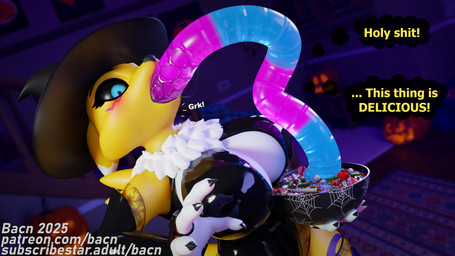 anthro big_breasts black_sclera bodily_fluids breasts candy chest_tuft cleavage cleavage_cutout clothed clothed_female clothed_sex clothing costume cutout dessert detailed_background female food fruit fur furniture gummy_(food) gummy_worm halloween_costume hat headgear headwear holidays huge_breasts inside jack-o'-lantern oral oral_penetration penetration plant pumpkin saliva saliva_string sex solo surprised tentacle_in_mouth tentacle_penetration tentacle_sex tentacles text thought thought_bubble thoughts tuft white_body white_fur witch_costume witch_hat yellow_body bacn bandai_namco digimon halloween renamon_(bacn) canid canine digimon_(species) food_creature fox gummy_creature living_candy mammal renamon 16:9 2025 3d_(artwork) 4k absurd_res digital_media_(artwork) english_text hi_res widescreen