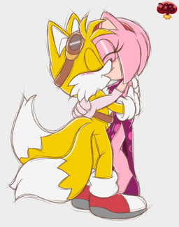 anthro clothing dress duo eyes_closed eyewear eyewear_on_head female footwear fur gloves goggles goggles_on_head hair handwear hug kissing male male/female multi_tail pink_body romantic shoes simple_background smile standing tail ladycherrybomba sega sonic_boom sonic_the_hedgehog_(series) amy_rose miles_prower canid canine eulipotyphlan fox hedgehog mammal digital_media_(artwork) hi_res