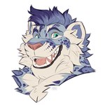 anthro badge blue_body blue_fur facial_tuft fluffy_ears fur heterochromia leopard_spots male neck_tuft pink_nose solo spots teeth tuft white_body white_fur bearlyfeline duskysnep felid mammal pantherine snow_leopard 1:1 hi_res