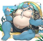 anthro belly blue_body bottomwear bulge clothing eyebrows facial_hair food fruit hair horn male mature_male musclegut muscular navel nipples peach_(fruit) pecs plant shorts solo tail thick_eyebrows white_hair asha_sonchai173 lifewonders mythology tokyo_afterschool_summoners qinglong_(tas) dragon mythological_creature mythological_scalie scalie 2024 hi_res