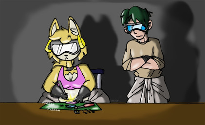 :< anthro being_watched biped black_choker black_clothing black_gloves black_handwear black_jewelry black_necklace blonde_hair bottomwear breasts chair choker cleavage clothed clothed_anthro clothed_female clothed_human clothed_male clothing crossed_arms duo ear_piercing ear_ring eyewear female female_anthro fur furniture gloves goggles green_hair grey_bottomwear grey_clothing hair handwear jewelry latex latex_clothing latex_gloves latex_handwear light_body light_skin looking_at_another male male_human midriff necklace on_chair piercing pink_clothing pink_shirt pink_tank_top pink_topwear ponytail ring_piercing screwdriver shadow shirt sitting sitting_on_chair slightly_chubby slightly_chubby_anthro slightly_chubby_female sound_effects standing tamagotchi_(toy) tan_clothing tan_shirt tan_topwear tank_top technology text tools topwear vowelless vowelless_sound_effect welding welding_goggles white_text wide_hipped_anthro wide_hipped_female wide_hips yellow_body yellow_fur blayaden tamagotchi glenn_(blayaden) sam_(blayaden) catrobis felid feline human mammal 2023 colored digital_drawing_(artwork) digital_media_(artwork) english_description
