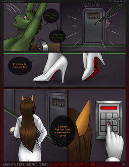 anthro back_spikes bald black_lips brown_hair clothed clothing colored_nails comic_panel detailed_background doctor door duo female floor footwear fur green_body green_scales hair hand_on_hip high_heels inside lips long_hair long_nails multicolored_body multicolored_fur nails object_in_hand open_mouth pressing_button rear_view red_nail_polish red_nails restraints scales shoes side_view speech_bubble spikes spikes_(anatomy) standing surprised text two_tone_body two_tone_fur walking white_clothing white_footwear white_shoes yellow_body yellow_eyes yellow_fur eliana-asato amber_(eliana-asato) oleg_(eliana-asato) olivia_(eliana-asato) crocodile crocodilian giraffe giraffid mammal reptile scalie comic digital_media_(artwork) english_text hi_res