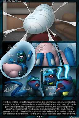 antennae_(anatomy) anthro arthropod_webbing big_penis blue_body blue_fur chrysalis eyewear eyewear_on_head first_person_view fur genitals goggles goggles_on_head huge_penis hyper hyper_genitalia hyper_penis male pawpads penis solo species_transformation text transformation transformation_pov visorelle nintendo pokemon arthropod generation_4_pokemon pokemon_(species) riolu comic english_text hi_res