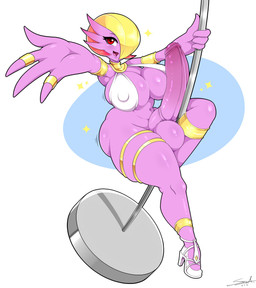 alternate_color balls big_breasts big_penis bodily_fluids breasts clothing dancing erection footwear genital_fluids genitals gynomorph high_heels humanoid_genitalia humanoid_penis intersex looking_at_viewer nipple_outline not_furry open_mouth penis pole pole_dancing pole_masturbation precum purple_balls red_eyes shoes solo stripper_pole mehdrawings nintendo pokemon gabby_(docbats) gardevoir generation_3_pokemon pokemon_(species) 2018 absurd_res digital_media_(artwork) hi_res signature