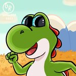 anthro blue_eyes cloud grass green_body happy male mountain plant smile solo tongue garrus368 mario_bros nintendo yoshi_(character) dinosaur green_yoshi prehistoric_species reptile scalie yoshi 1:1