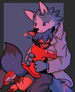anthro black_body black_fur black_hair black_nose blue_body blue_eyes blue_fur blue_hair bottomwear brown_body brown_fur clothed clothing duo female fluffy fluffy_tail footwear fur hair heart_symbol hug jacket male multicolored_body multicolored_fur multicolored_hair shoes short_hair shorts tail topwear kangwolf brand_new_animal studio_trigger michiru_kagemori shirou_ogami canid canine canis mammal raccoon_dog tanuki wolf 2020 absurd_res hi_res
