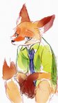 anthro bottomwear brown_body brown_fur clothed clothing fully_clothed fur gloves_(marking) male markings necktie orange_body orange_fur pants shirt simple_background smile solo topwear white_background dogear218 disney zootopia nick_wilde canid canine fox mammal red_fox true_fox hi_res