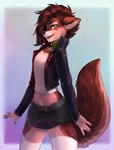 2021 anthro bottomwear breasts brown_body brown_fur brown_hair canid canine canis clothed clothing collar countershading crop_top digital_media_(artwork) eyebrows eyelashes female flat_chested fur green_eyes hair hi_res mammal midriff pubes red_wolf shirt skirt skylar_zero solo talilly tomboy topwear wolf
