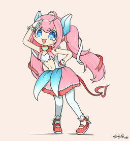 2_horns 4_fingers accessory arms_bent bangs bent_legs biped blue_eyes blue_horn blush clothed clothed_female clothed_humanoid clothing dress eye_through_hair eyebrow_through_hair eyebrows fangs female female_humanoid fingers footwear fully_clothed fully_clothed_female fully_clothed_humanoid gloves hair hair_accessory hair_ribbon hand_on_hip hand_on_own_hip handwear heart_cutout heart_pupils heart_symbol horn humanoid_pointy_ears leggings legwear light long_hair long_tail multicolored_clothing multicolored_dress multicolored_horn navel noseless not_furry pigtails pink_mouth pointy_ears pupils red_bow red_clothing red_footwear red_ribbon red_shoes red_tail ribbons shielding_eyes shoes simple_background slim_female slim_humanoid solo spade_tail tail tan_background tan_body tan_skin teeth translucent translucent_hair white_clothing white_dress white_gloves white_handwear white_leggings white_legwear white_pupils white_ribbon kjh_22 vtuber chibidoki horned_humanoid humanoid tailed_humanoid 2021 absurd_res colored digital_drawing_(artwork) digital_media_(artwork) flat_colors full-length_portrait hi_res lighting portrait shaded