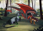 claws feral feral_pred forest green_claws grey_body grey_skin group horn long_tail male plant purple_horn red_wings soft_vore tail tree trio vore wings cmitchell mythology daphniir dragon kobold mythological_creature mythological_scalie scalie hi_res