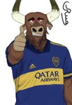 anthro brown_body brown_fur clothed clothing ear_piercing facial_hair fur gesture hand_gesture male piercing red_eyes simple_background smile smiling_at_viewer soccer_jersey soccer_uniform solo sportswear teeth thumbs_up uniform rusoide adidas boca_juniors european_mythology greek_mythology mythology teros_(brawlhalla) bovid bovine mammal minotaur hi_res