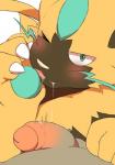 2019 blush claws cute_fangs duo felid fur generation_7_pokemon genitals human interspecies legendary_pokemon looking_at_viewer male mammal nintendo one_eye_closed penis pokemon pokemon_(species) pokephilia whiskers yellow_body yellow_fur yoshizaurusu_n zeraora