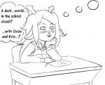 anthro antlers biped blush buckteeth clothed clothing dialogue female horn leaning simple_background sitting smile solo teeth text thinking thoughtful_expression white_background haaru deltarune undertale_(series) noelle_holiday deer mammal new_world_deer reindeer 2019 english_text monochrome