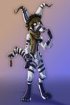 anthro black_hair confusion digitigrade fur fur_markings hair hammer kerchief long_ears male markings scarf solo stripes tail tools white_body white_fur drqube crux 2:3 hi_res