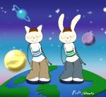 anthro clothed clothing detailed_background eyes_closed female hands_behind_back planet smile space star punkydreamer bemani konami pop'n_music mimi_(pop'n_music) nyami_(pop'n_music) domestic_cat felid feline felis lagomorph leporid mammal rabbit 2d_animation animated animated_png frame_by_frame loop short_playtime sibling_(lore) twins_(lore)