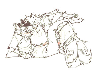 anal anal_penetration anthro balls belt blush bodily_fluids bottomwear clothing duo erection from_front_position genitals looking_pleasured lying male male/male male_anthro on_back open_belt pants penetration penis reclined_table_lotus sex shirt shirt_up sweat table_lotus_position topwear torus7120921149 canid canine fox mammal hi_res sketch