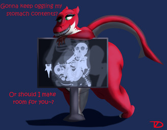 ambiguous_gender ambiguous_prey anthro big_butt bone butt duo fat_belly featureless_feet feet female gills green_eyes huge_butt multicolored_body nipple_piercing nipples overweight piercing pupils sharp_teeth skeleton teeth vore white_pupils x-ray_view flightlesslizard akai_(flightlesslizard) fish human mammal marine shark absurd_res hi_res