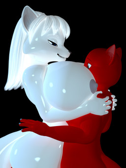 anthro areola big_breasts bite biting_lip black_background black_nose blue_eyes blue_nails breast_squish breasts brown_eyes butt colored_nails duo eyebrows fangs female fur grey_areola grey_nipples grin hair head_between_breasts hug huge_breasts larger_anthro larger_female latex_body long_hair looking_at_another looking_at_breasts male male/female nails nipples red_body red_eyebrows red_fur red_inner_ear simple_background size_difference smaller_anthro smaller_male smile squish tail teeth white_body white_eyebrows white_fur white_hair white_inner_ear white_nails wide_hips themeshow101 charleyfox_(modeler) charleyfox_fox charleyfox_wolf darius_tatu_(themeshow101) kira_(rbrdiesel) canid canine canis fox mammal wolf 2026 3:4 3d_(artwork) absurd_res digital_media_(artwork) hi_res gynomorph_(lore)