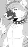 anthro arm_tuft cheek_tuft chest_tuft claws collar eyebrows facial_tuft finger_claws front_view hair male open_mouth ringed_eyes short_hair shoulder_tuft solo spiked_collar spikes teeth tuft whiskers imperatorcaesar nerox absurd_res greyscale hi_res monochrome