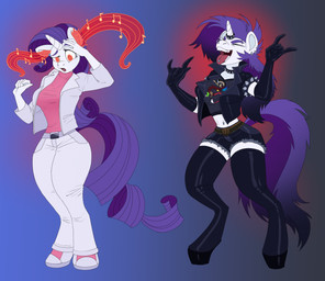 alternative_fashion anthro armband barbell_piercing before_and_after black_clothing black_gloves black_handwear black_jacket black_latex black_legwear black_thigh_boots black_thigh_highs black_topwear boots bottomwear breasts clothed clothed_anthro clothed_female clothing collar devil_horns_(gesture) ear_piercing ear_ring eyebrow_piercing eyelashes facial_piercing female footwear gesture gloves hair hand_gesture handwear horn horn_jewelry horn_ring hypnosis hypnotic_music jacket jewelry latex latex_boots latex_clothing latex_footwear latex_gloves latex_handwear latex_legwear latex_thigh_boots latex_thigh_highs legwear long_eyelashes long_hair mind_control navel navel_piercing nose_piercing nose_ring pants piercing pink_clothing pink_shirt pink_topwear punk purple_hair purple_tail ring_(jewelry) ring_piercing shirt shoes shorts solo spiked_armband spiked_collar spikes spiral spiral_eyes tail thigh_boots thigh_highs tongue tongue_out tongue_piercing topwear white_body white_bottomwear white_clothing white_pants white_shirt white_topwear atcpony friendship_is_magic hasbro my_little_pony mythology rarity_(mlp) equid equine mammal mythological_creature mythological_equine unicorn 2025 hi_res