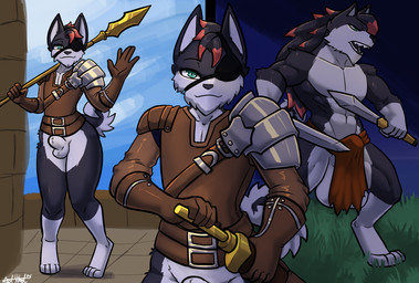 anthro armor balls black_body black_fur eye_patch eyewear femboy fur genitals grey_body grey_fur male melee_weapon outside penis polearm spear sword weapon bear213 mythology canid canine canis domestic_dog husky mammal mythological_canine mythological_creature nordic_sled_dog spitz werecanid werecanine werecreature werewolf hi_res