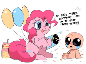 balloon beady_eyes biped birthday_cake blue_eyes bodily_fluids cake cannon cheering confetti crying cutie_mark dessert dialogue duo eyelashes female feral food frown hair inflatable looking_at_another male open_mouth open_smile pink_body pink_hair ranged_weapon sad simple_background sitting smile speech_bubble tail talking_to_another tears text weapon white_background valkenite friendship_is_magic hasbro my_little_pony the_binding_of_isaac_(series) isaac_(tboi) pinkie_pie_(mlp) earth_pony equid equine horse humanoid mammal pony 2025 crossover digital_drawing_(artwork) digital_media_(artwork) english_text hi_res