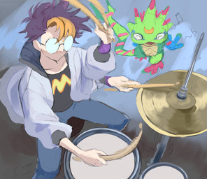 anthro clothing dancing drumming drumstick_(musical) duo eyewear glasses gloves green_body handwear long_tongue male open_mouth playing_music tongue lv07701 bandai_namco digimon digimon_beatbreak tomoro_tenma digimon_(species) gekkomon human mammal scalie absurd_res hi_res