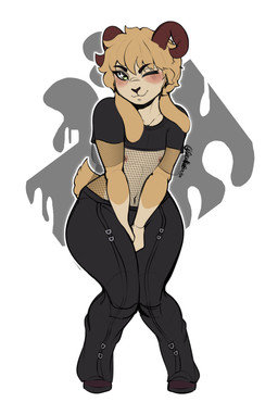 2_horns alternative_fashion anthro black_bottomwear black_clothing black_pants black_topwear blonde_hair blush boots bottomwear brown_horn clothed clothing crop_top curved_horn femboy fishnet_clothing fishnet_topwear floppy_ears footwear fur goth green_eyes hair horn looking_at_viewer male male_anthro multicolored_body navel nipples one_eye_closed pants shirt shoes simple_background smile solo standing tail tan_body tan_fur thick_thighs topwear white_background wide_hips wink yellow_body yellow_eyes doodlinbooba jeja jules_(jejansfw) bovid caprine goat mammal sheep absurd_res digital_media_(artwork) hi_res