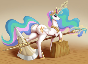 axe big_butt big_weapon butt crown execution executioner female feral fur headgear horn melee_weapon regalia solo stern_look telekinesis tiara unicorn_horn weapon white_body white_fur wings unknown_artist friendship_is_magic hasbro my_little_pony mythology princess_celestia_(mlp) equid equine mammal mythological_creature mythological_equine unicorn unknown_species winged_unicorn source_request