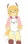 anthro blush bodily_fluids brown_body brown_fur brown_hair brown_nose bulge clothed clothing crossdressing femboy fur green_eyes hair looking_at_viewer male simple_background solo standing tears white_background white_body white_fur young an_chobi94 remu-kun canid canine fox mammal 2018 absurd_res hi_res