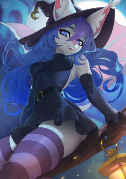 anthro armwear blue_eyes breasts butt clothing costume dress fangs female hair halloween_costume hat headgear headwear holidays inner_ear_fluff legwear long_hair looking_at_viewer low-angle_view pattern_clothing pattern_legwear pattern_stockings pink_nose short_dress small_waist smile solo stockings striped_clothing striped_legwear striped_stockings stripes teeth tight_clothing tuft white_body wings witch_costume witch_hat ansart halloween prism_(prsmrti) bat mammal absurd_res hi_res
