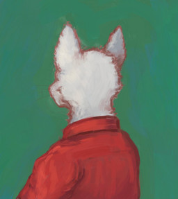 anthro clothed clothed_anthro clothed_male clothing ears_up fur looking_away looking_forward male red_clothing red_shirt red_topwear shirt solo topwear white_body white_fur reynard_goodfellow canid canine canis mammal wolf