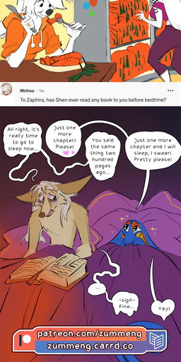 anthro ask_blog bed black_nose blue_body blue_fur blue_hair blue_scales book bracelet breasts brown_body brown_fur brown_hair carrot clothing dialogue eating eye_bags eyewear eyewear_on_head facial_tuft female food fur furniture gold_(metal) gold_jewelry grey_body grey_fur grin group hair hoodie husband_and_wife jewelry long_hair male male/female married_couple neck_ring orange_body orange_scales piercing plant ponytail rejection scales smile sparkles speech_bubble sunglasses sunglasses_on_head tan_body tan_fur tear_trough text tired topwear tuft vase vegetable wearing_sunglasses white_body white_fur white_hair yellow_body yellow_scales zummeng darnell_(zummeng) estella_(zummeng) evie_(zummeng) nigel_(zummeng) shani_(zummeng) shen_(zummeng) zaphira_(zummeng) zummeng_(character) canid canine cobra domestic_cat felid feline felis fennec_fox fox hybrid lagomorph leporid lizard mammal prehistoric_species rabbit reptile rhinoceros saber-toothed_tiger scalie smilodon snake suid suine sus_(pig) true_fox wild_boar absurd_res comic english_text hi_res long_image tall_image