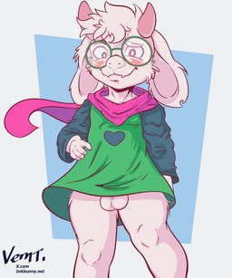 4_fingers anthro balls biped black_text blue_background blush blush_lines bottomless bottomless_anthro bottomless_male cheek_tuft closed_smile clothed clothed_anthro clothed_male clothing eyebrows eyewear facial_tuft fingers flesh_fang floppy_ears front_view fur genitals glasses green_clothing green_eyewear green_glasses green_shirt green_topwear green_tunic grey_clothing grey_shirt grey_topwear grey_tunic head_tuft heart_clothing heart_symbol horn humanoid_hands long_ears lop_ears male male_anthro monotone_body monotone_fur monotone_scarf mouth_closed multicolored_clothing multicolored_shirt multicolored_topwear notched_ear pink_horn pink_scarf pupils purple_eyes red_blush round_glasses scarf shirt simple_background smile solo standing text topwear tuft tunic two_tone_clothing two_tone_shirt two_tone_topwear two_tone_tunic wearing_glasses white_background white_body white_eyebrows white_fur white_pupils white_sclera white_tuft young young_anthro young_male vernt45 deltarune undertale_(series) ralsei bovid caprine goat mammal 5:6 absurd_res artist_name hi_res portrait shaded three-quarter_portrait