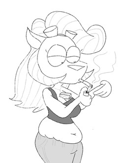 anthro belly bottomwear breasts cigarette clothed clothing cross cross_necklace eyelashes eyewear female goggles hair half-closed_eyes jewelry lighter muffin_top narrowed_eyes necklace object_between_breasts overweight pants shirt simple_background smoking solo topwear rumcoat activision crash_bandicoot_(series) coco_bandicoot bandicoot mammal marsupial digital_media_(artwork) monochrome