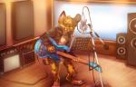 anthro black_nose clothing detailed_background electronics eyes_closed fangs fur guitar holding_musical_instrument holding_object jacket microphone musical_instrument open_mouth orange_body orange_fur playing_guitar playing_music plucked_string_instrument solo string_instrument teeth topwear tuft leokatana gary_the_bobcat felid feline lynx mammal