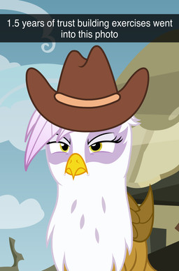 amber_eyes caption clothing cowboy_hat detailed_background female grumpy hat headgear headwear on_model outside solo text wings badumsquish friendship_is_magic hasbro my_little_pony mythology gilda_(mlp) avian gryphon mythological_avian mythological_creature english_text hi_res meme