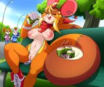 anthro areola bench beverage_can breasts clothed clothing female genitals male nipples park park_bench public pussy lonbluewolf bandai_namco digimon digimon_(species) gomamon patamon shoeshoemon 2025 6:5 hi_res